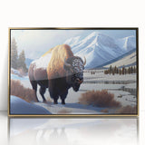 Large art print of Yellowstone scenery in gold tones on framed acrylic, mid-century modernist style.