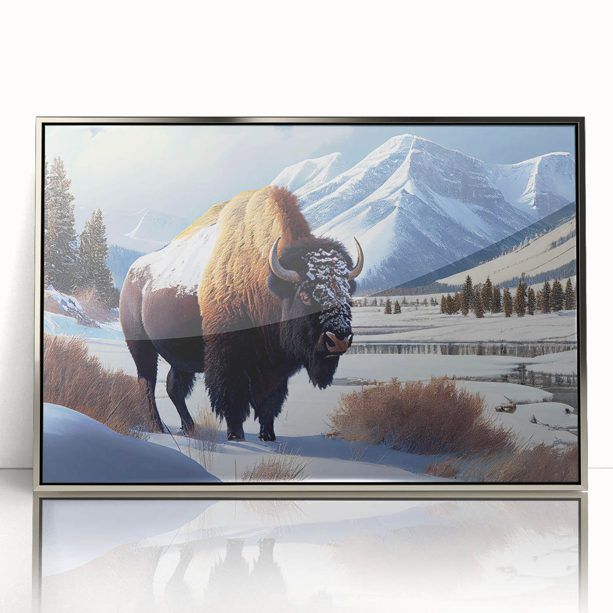 Mid-century modernist art depicting Yellowstone scenery in muted earth tones on a silver-framed acrylic print.