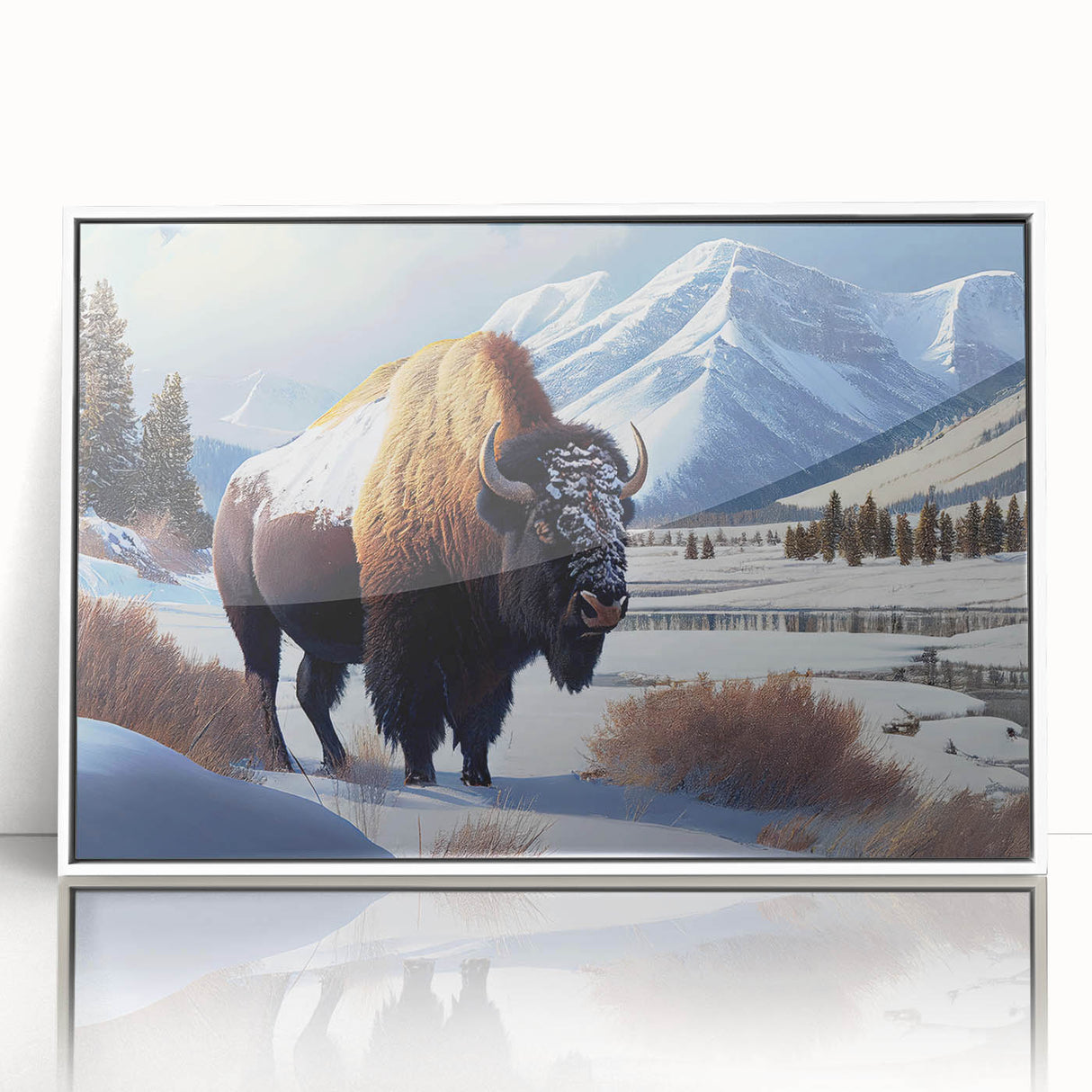 Acrylic print of Yellowstone scenery with muted earth tones in an art deco style, ideal for modern nursery wall art.