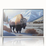 Acrylic print of Yellowstone scenery with muted earth tones in an art deco style, ideal for modern nursery wall art.