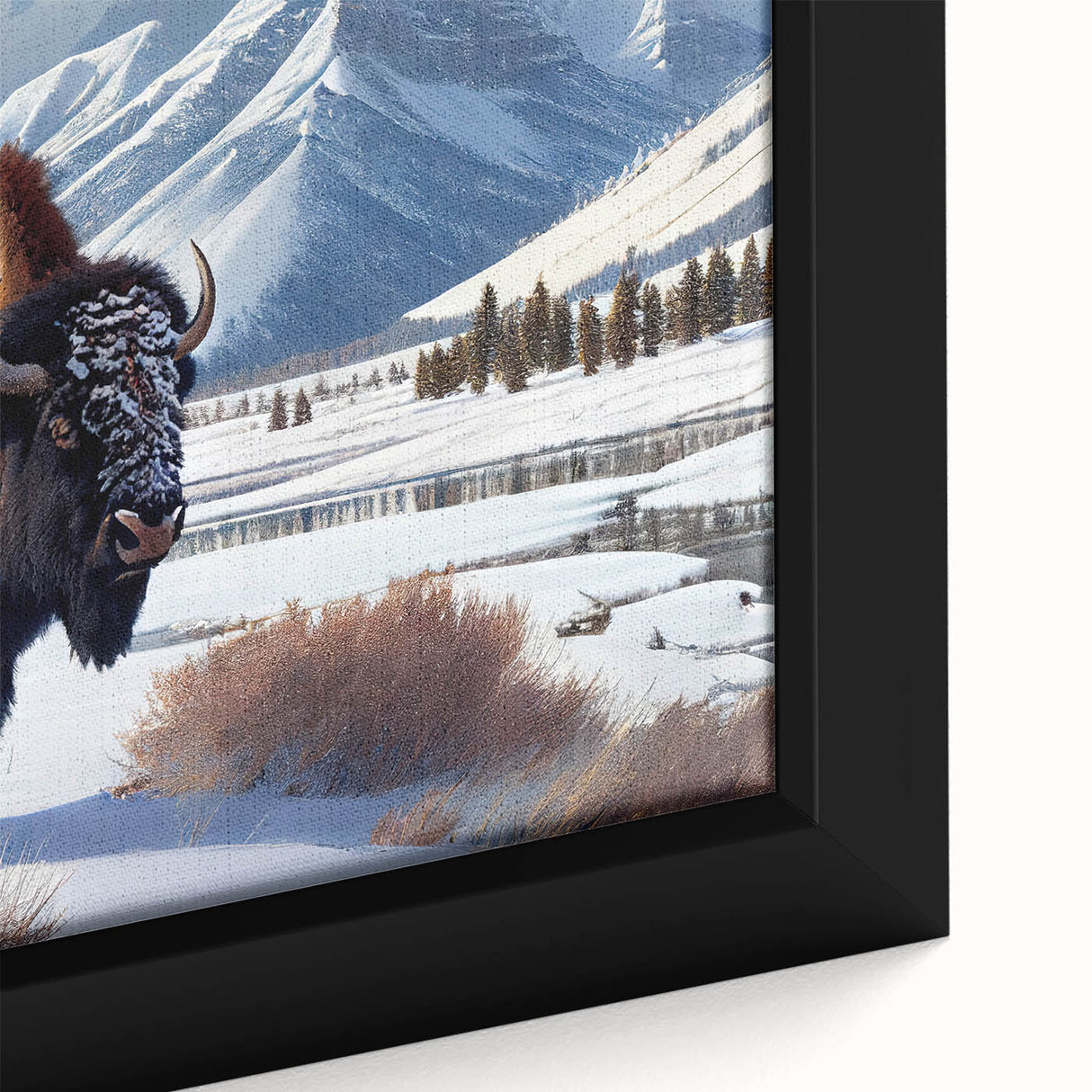 Close-up of a textured black wall art depicting Yellowstone scenery on a framed canvas.