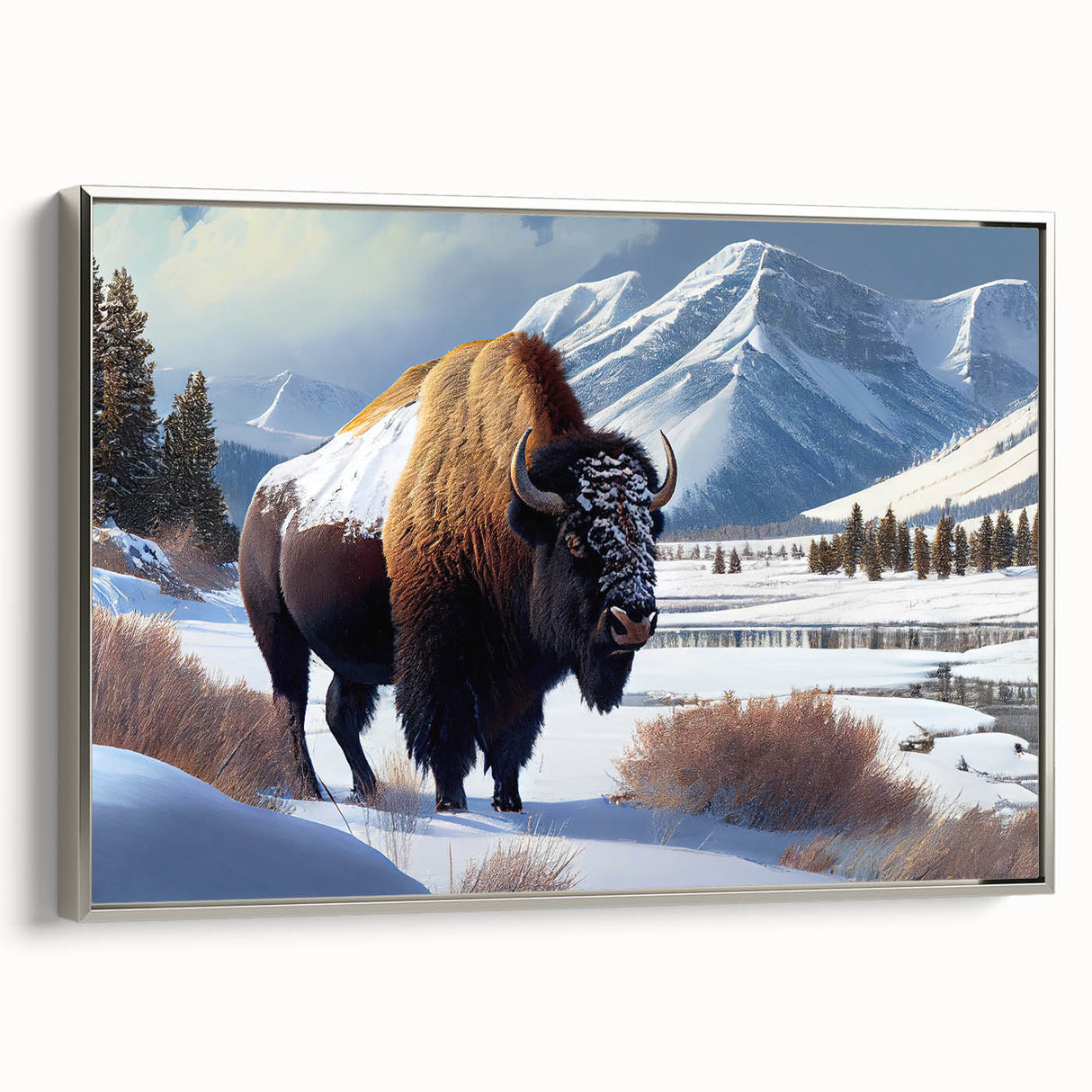 Framed canvas landscape art paintings depicting Yellowstone scenery in vibrant colors, ideal for living room decor.