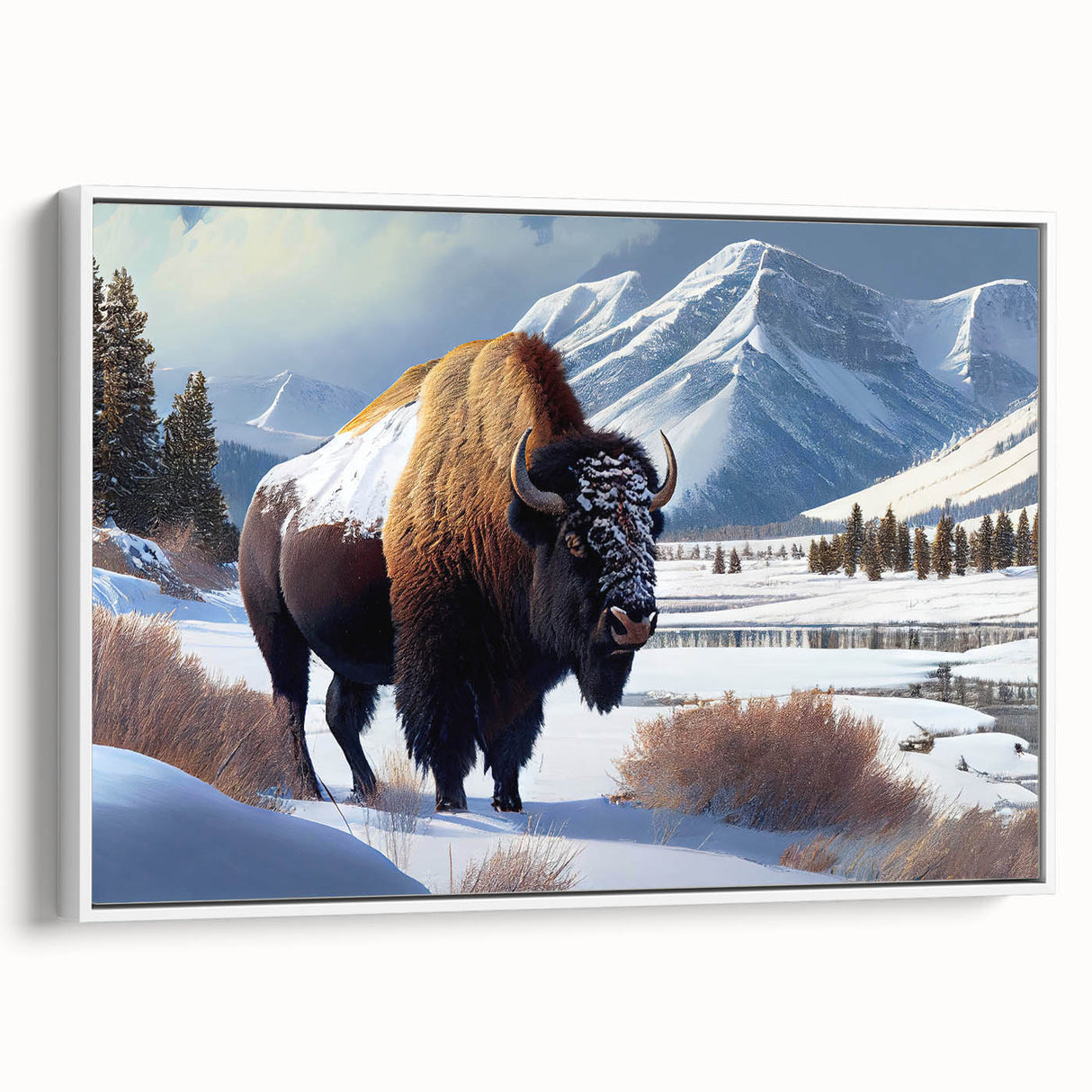 Vintage poster art of Yellowstone National Park on a framed canvas, featuring colorful scenery, ideal for living room decor.
