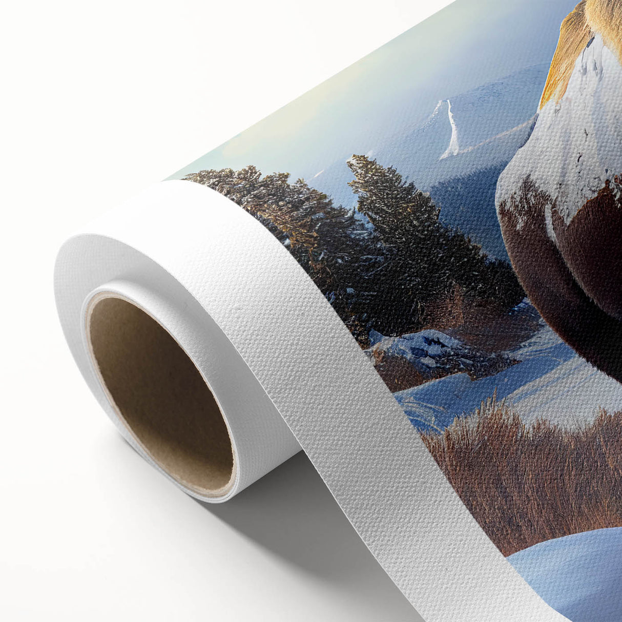 Art deco poster of Yellowstone scenery on rolled canvas, featuring muted earth tones, ideal for nursery wall art.