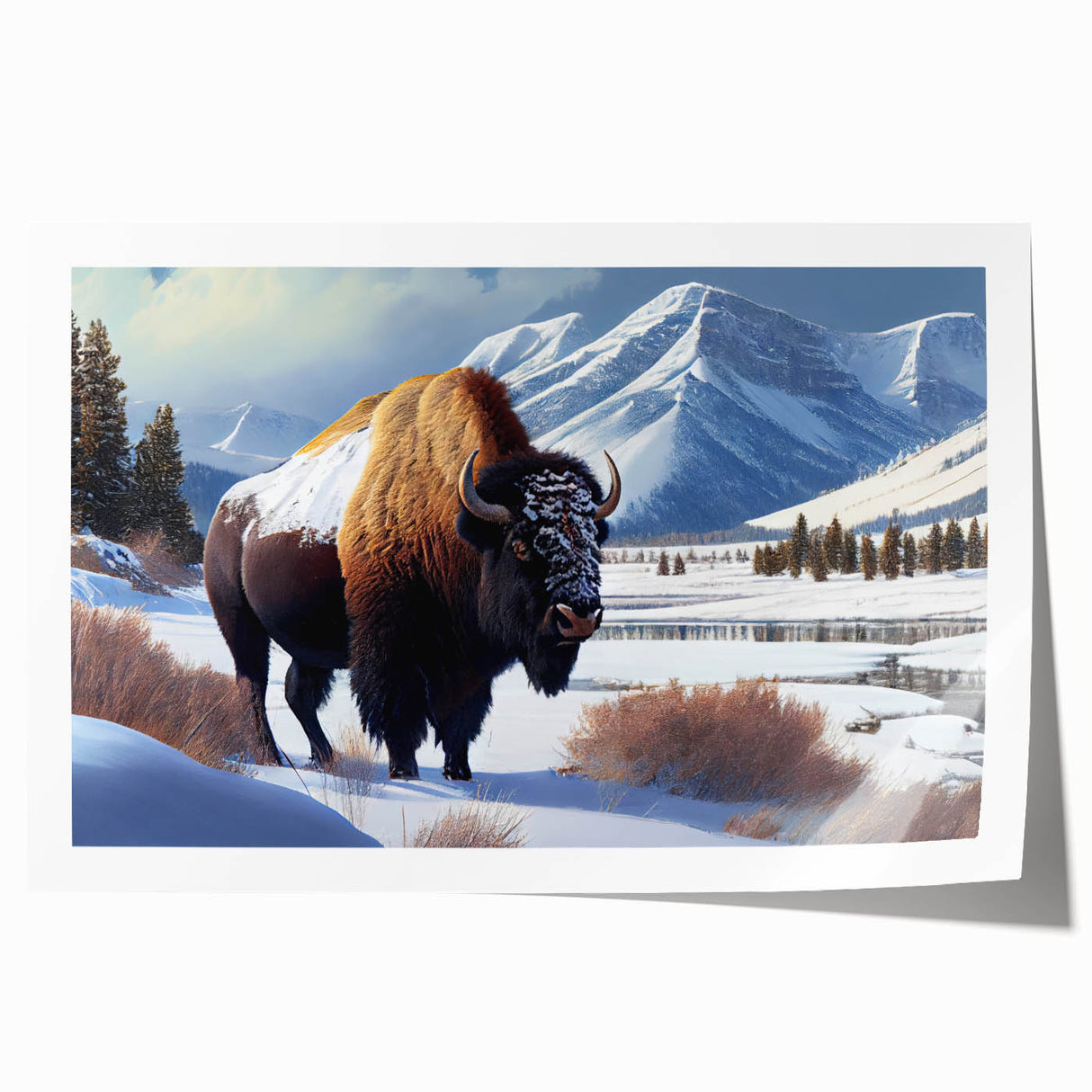 Yellowstone scenic landscape on rolled print, featuring lush greenery and a river, in soft earth tones.