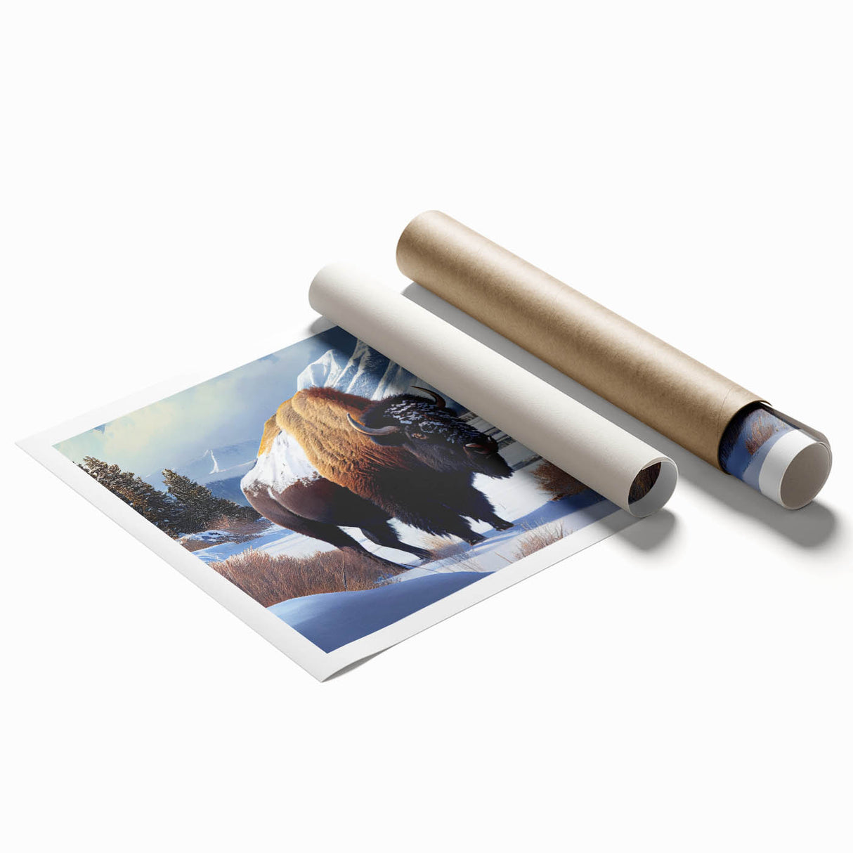 Yellowstone scenic landscape on rolled print, featuring muted earth tones, ideal for classy bathroom wall art.