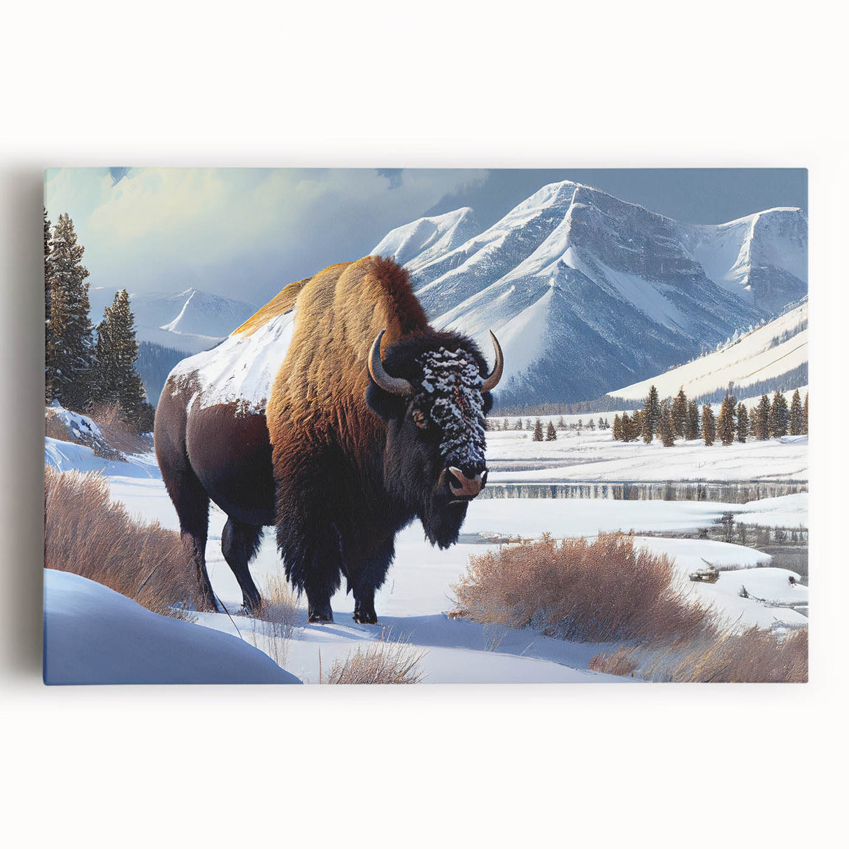 Black and white photograph of Yellowstone Park on stretched canvas, ideal for kitchen wall art.