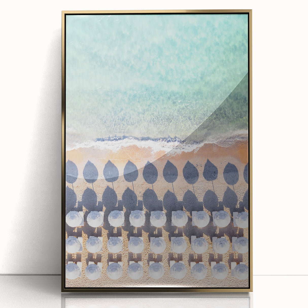 Large art print of a mid-century modernist summer scene in muted gold tones on acrylic, ideal for nursery wall decor.
