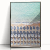 Mid-century modernist art featuring geometric shapes in pastel shades on a silver-framed acrylic print.