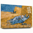 Large abstract wall art on acrylic glass depicting swirling shades of blue and yellow.