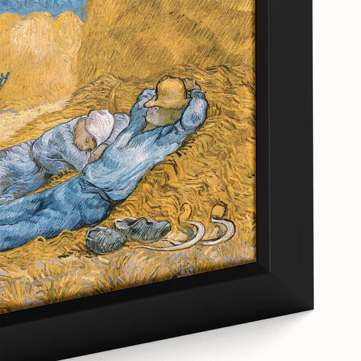 Close-up of a textured, extra-large framed canvas featuring a colorful, abstract interpretation of Van Gogh's style.
