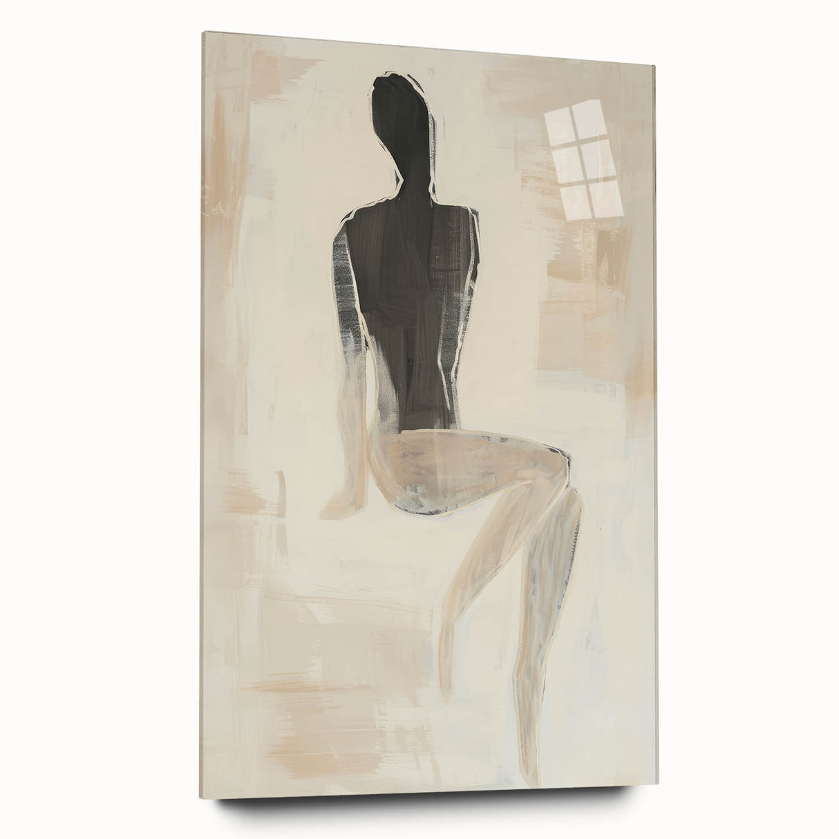 Abstract figurative acrylic artwork displayed in a glass frame, showcasing vibrant colors and dynamic shapes from a side view, perfect for modern decor.