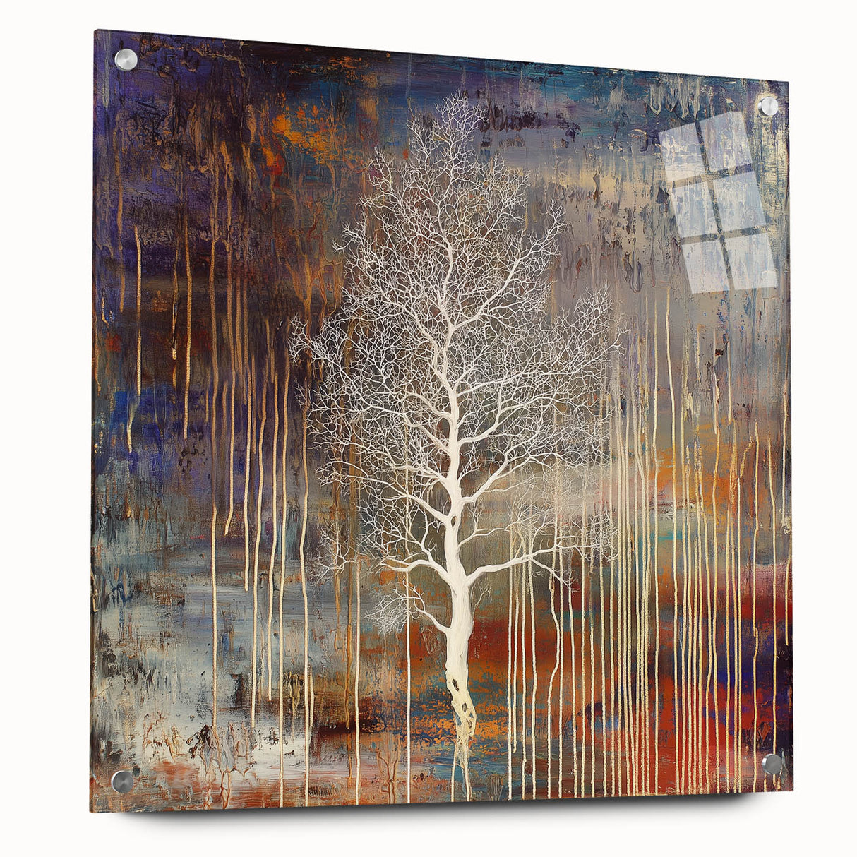 Abstract floral design on acrylic glass, showcasing vibrant colors and intricate patterns, displayed in a side view with metal pins for mounting. Ideal for modern decor.