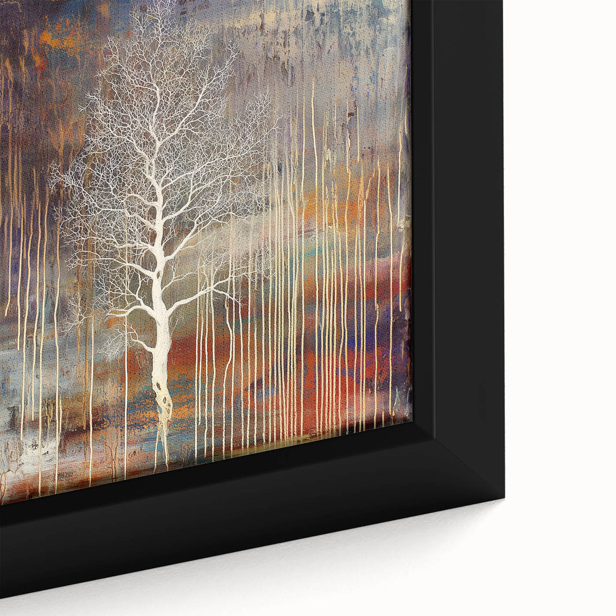 Close-up of a vibrant abstract floral framed canvas showcasing intricate textures and bold colors, perfect for modern home decor or art enthusiasts.