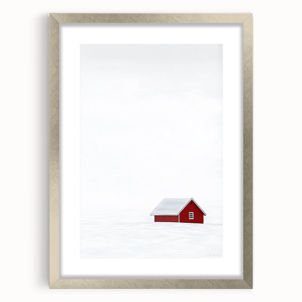 Abstract landscape frame with a silver mat, showcasing a serene nature scene in soft pastel colors. Ideal for modern home decor, adding elegance to any room.