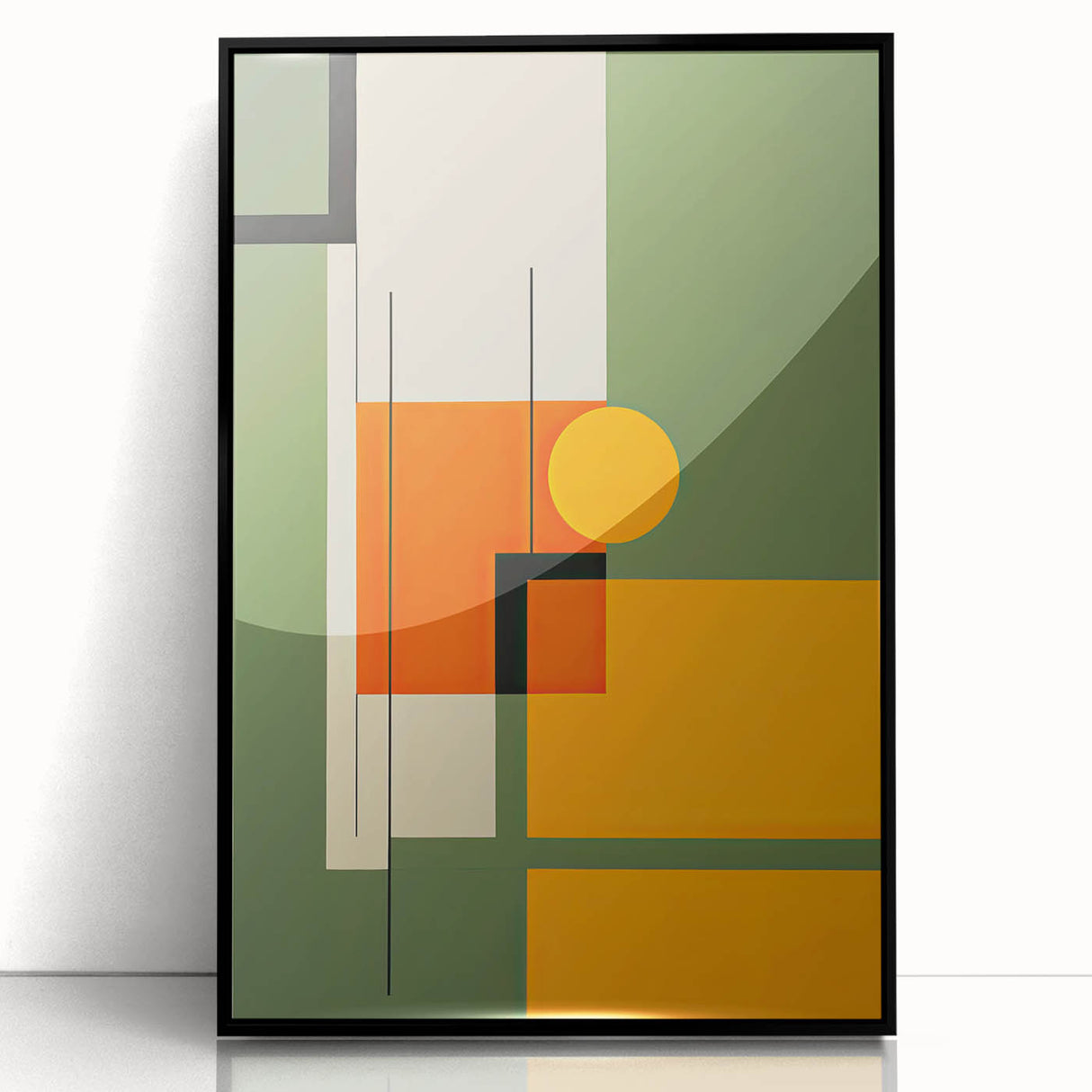 Framed abstract minimalist wall art design with black acrylic finish, showcasing geometric patterns and clean lines, ideal for modern home decor.