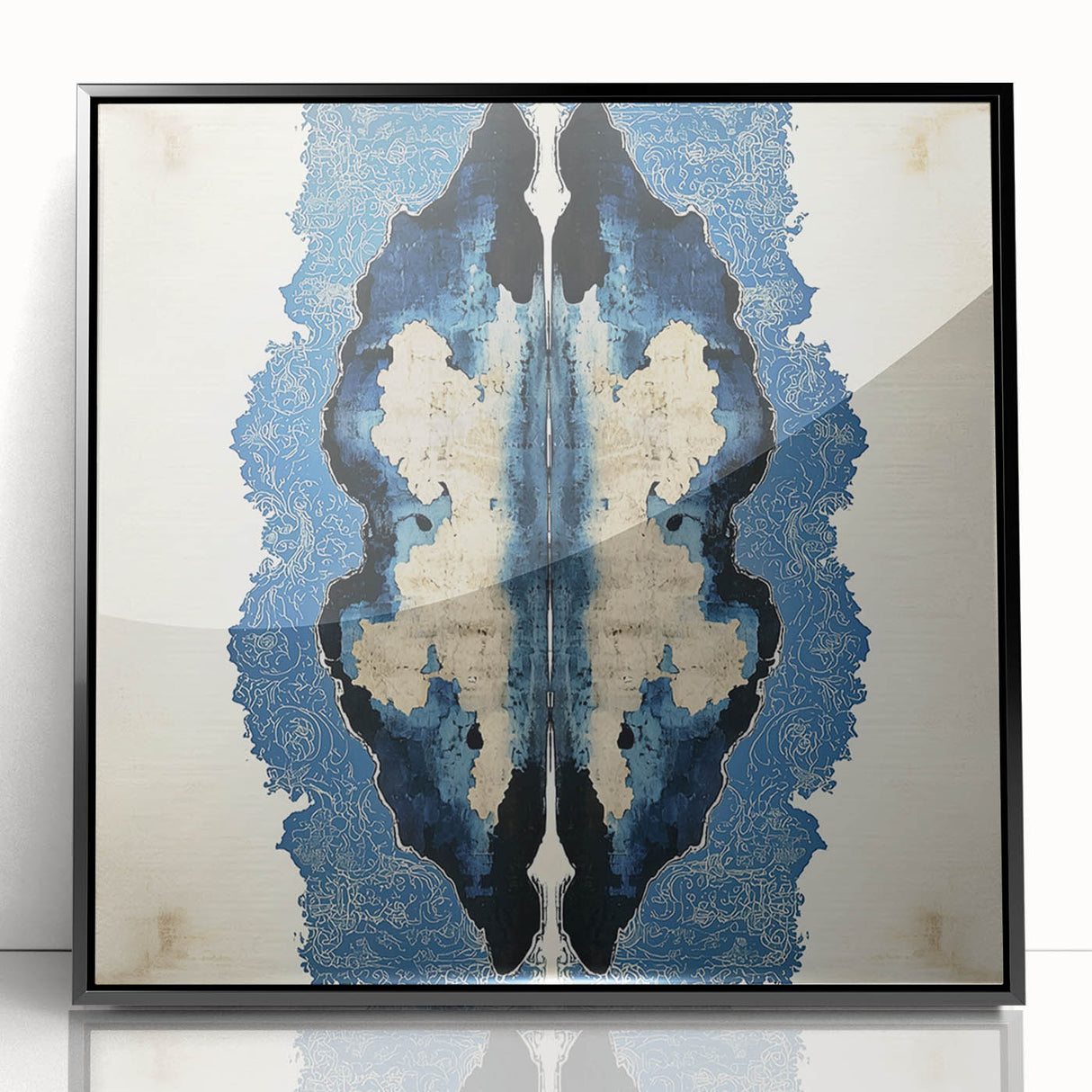 Modern Abstract Wall Art – Navy Blue & Beige Symmetrical Canvas