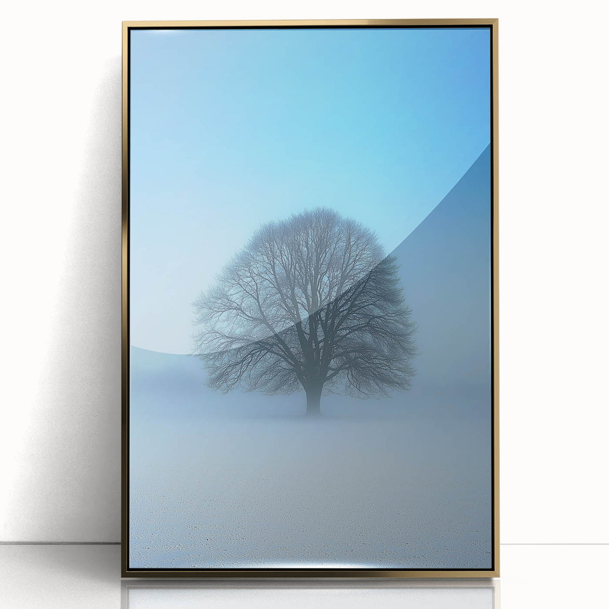 Framed abstract landscape artwork with a gold-accented acrylic front, showcasing vibrant colors and fluid shapes, perfect for modern home decor.