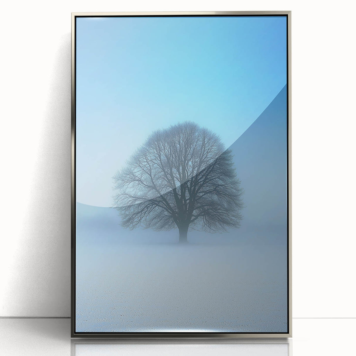 Abstract landscape art piece in a silver frame, showcasing vibrant blue and green hues with layered textures that evoke a serene outdoor scene, perfect for modern decor.