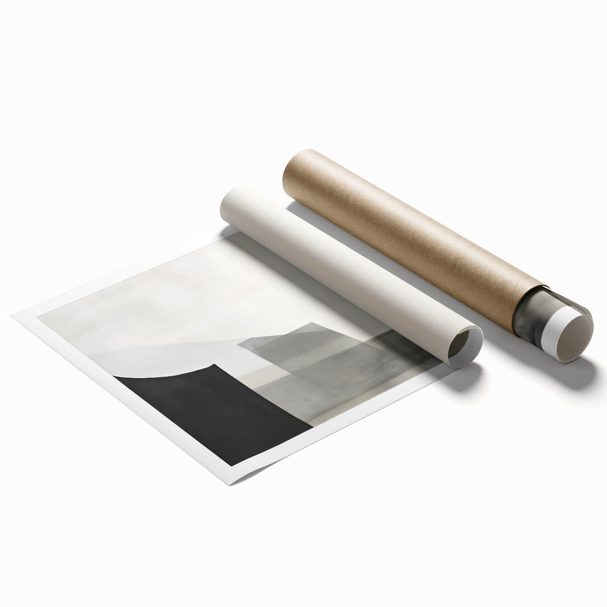 Abstract minimalist wall art print featuring soft pastel colors and geometric shapes, elegantly rolled and packaged in a protective cardboard tube for easy display.