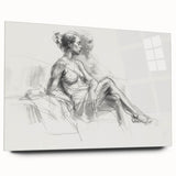 Abstract figurative acrylic artwork displayed on glass, showcasing vibrant colors and dynamic shapes, viewed from the side without pins, perfect for modern decor.
