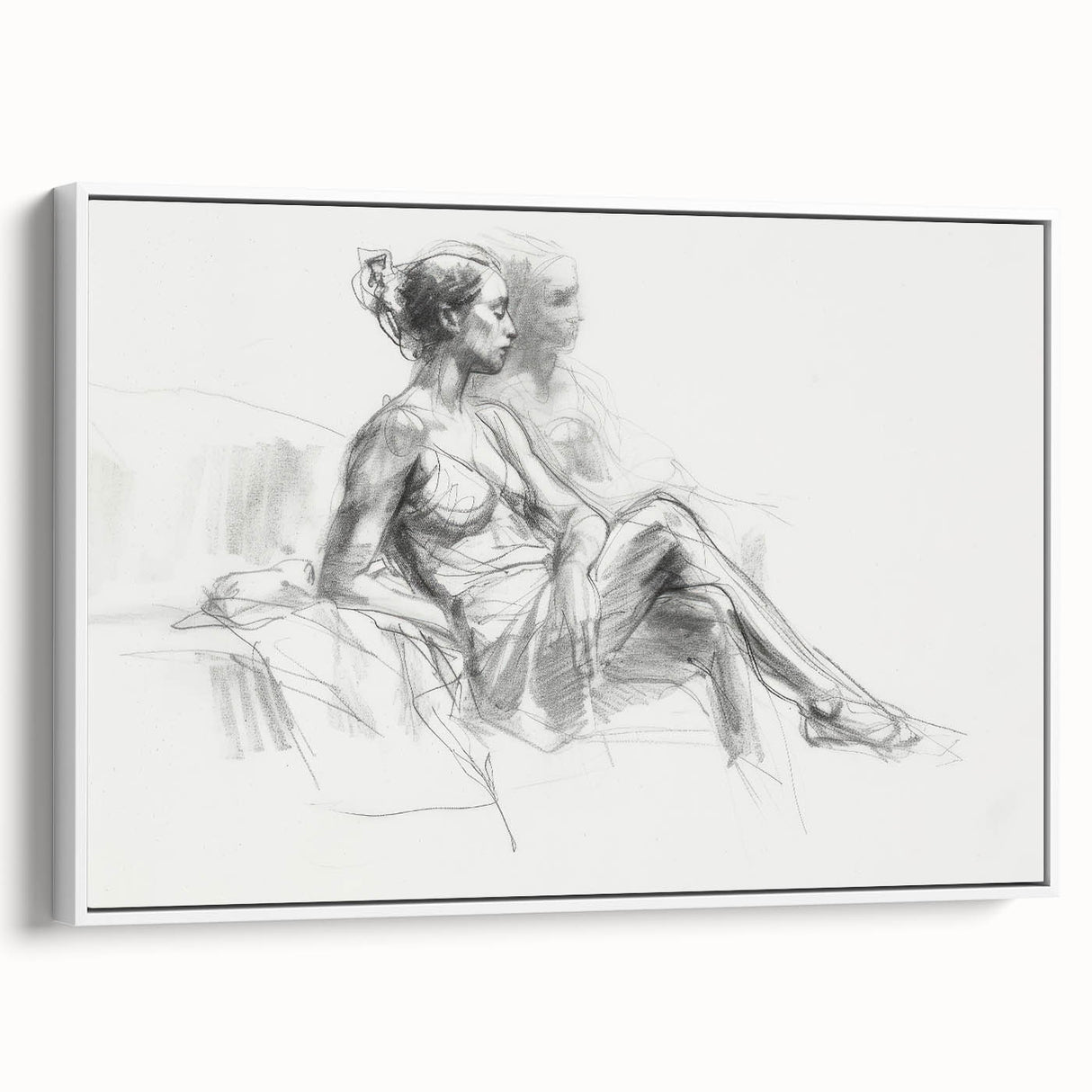 Framed abstract figurative canvas artwork in white, showcasing dynamic shapes and soft colors, ideal for modern home decor or office spaces.