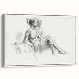 Framed abstract figurative canvas artwork in white, showcasing dynamic shapes and soft colors, ideal for modern home decor or office spaces.
