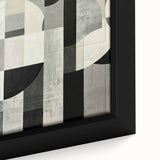 Close-up view of a framed abstract minimalist wall art piece showcasing soft pastel colors and geometric shapes, perfect for modern home decor.