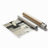 Abstract minimalist wall art print showcasing soft beige and muted gray tones, elegantly rolled for shipping in a protective cardboard tube. Perfect for modern home decor.