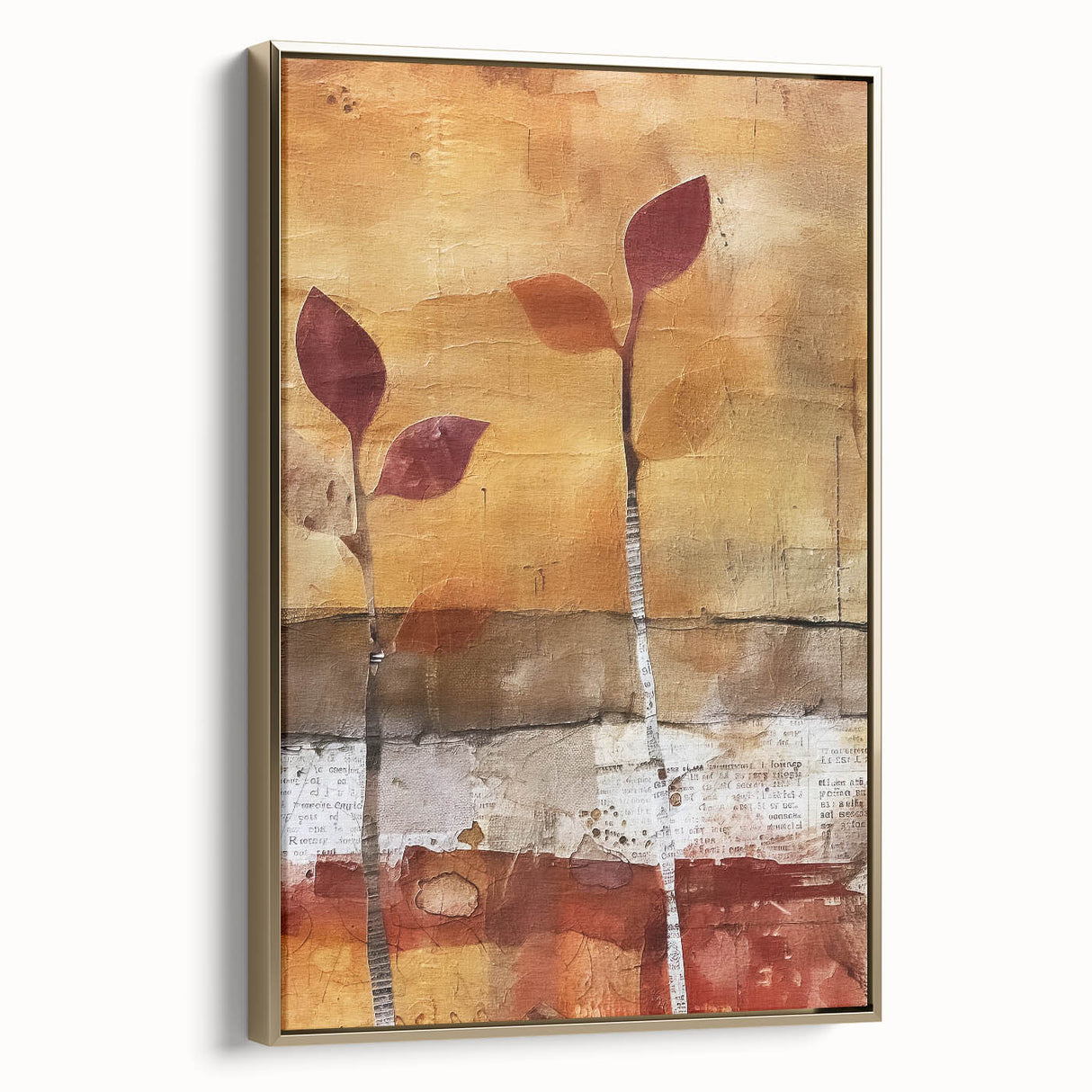 Framed canvas featuring a vintage-style landscape painting with fall scenery in gold and black tones.