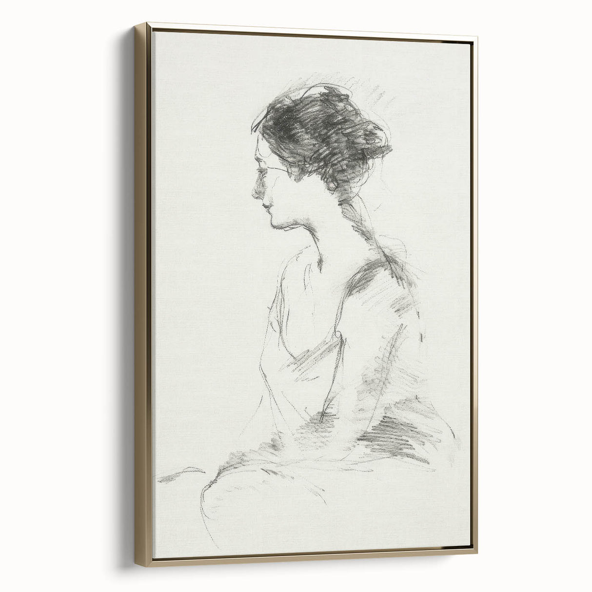 Abstract figurative framed canvas artwork in gold featuring a dynamic side view, showcasing intricate patterns and textures that enhance modern decor aesthetics.