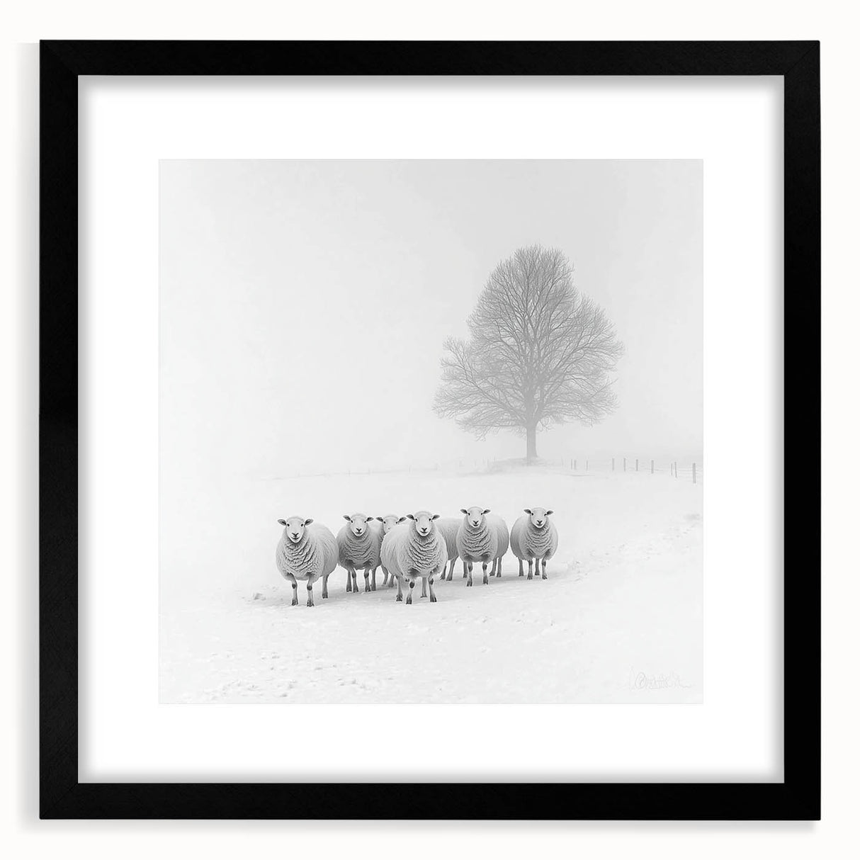 Abstract landscape artwork framed in a sleek black frame with a white mat, showcasing soft hues of blue and green, ideal for modern home decor.