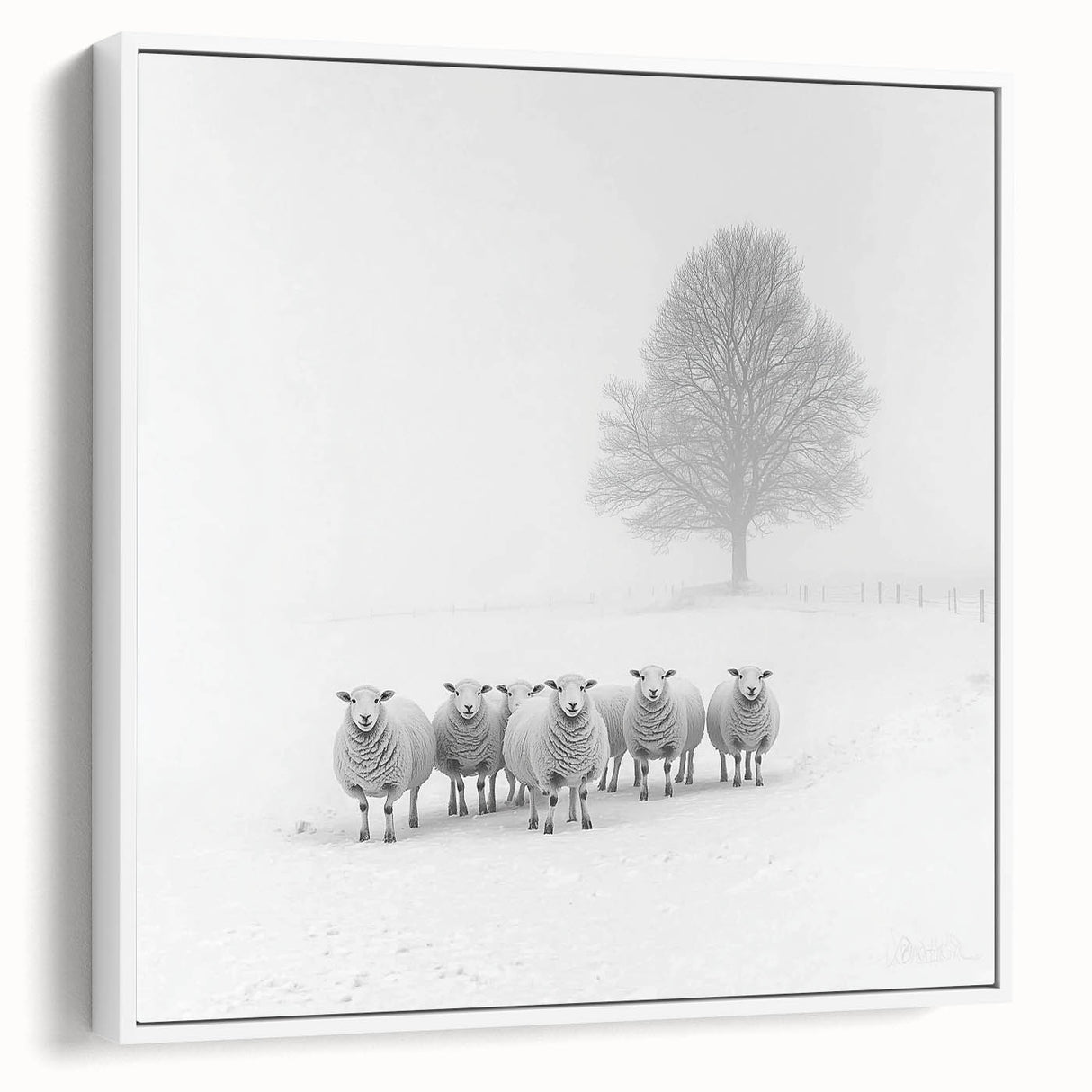 Framed abstract landscape canvas artwork showcasing a serene white and blue color palette, ideal for modern home decor. The side view highlights its elegant frame.