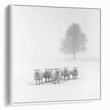 Framed abstract landscape canvas artwork showcasing a serene white and blue color palette, ideal for modern home decor. The side view highlights its elegant frame.