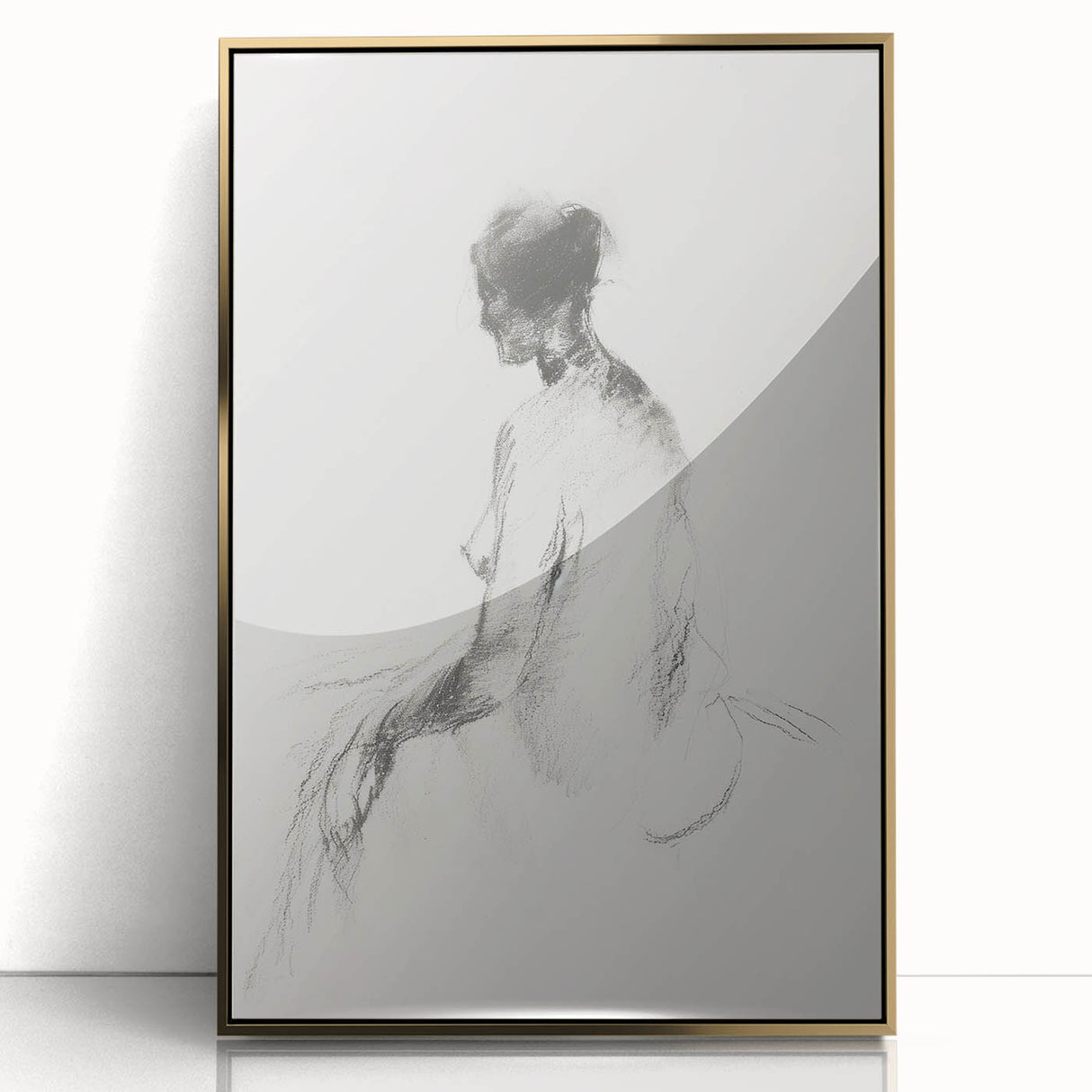 Framed acrylic artwork featuring an abstract figurative design with gold accents, showcasing vibrant colors and dynamic shapes, perfect for modern home decor.