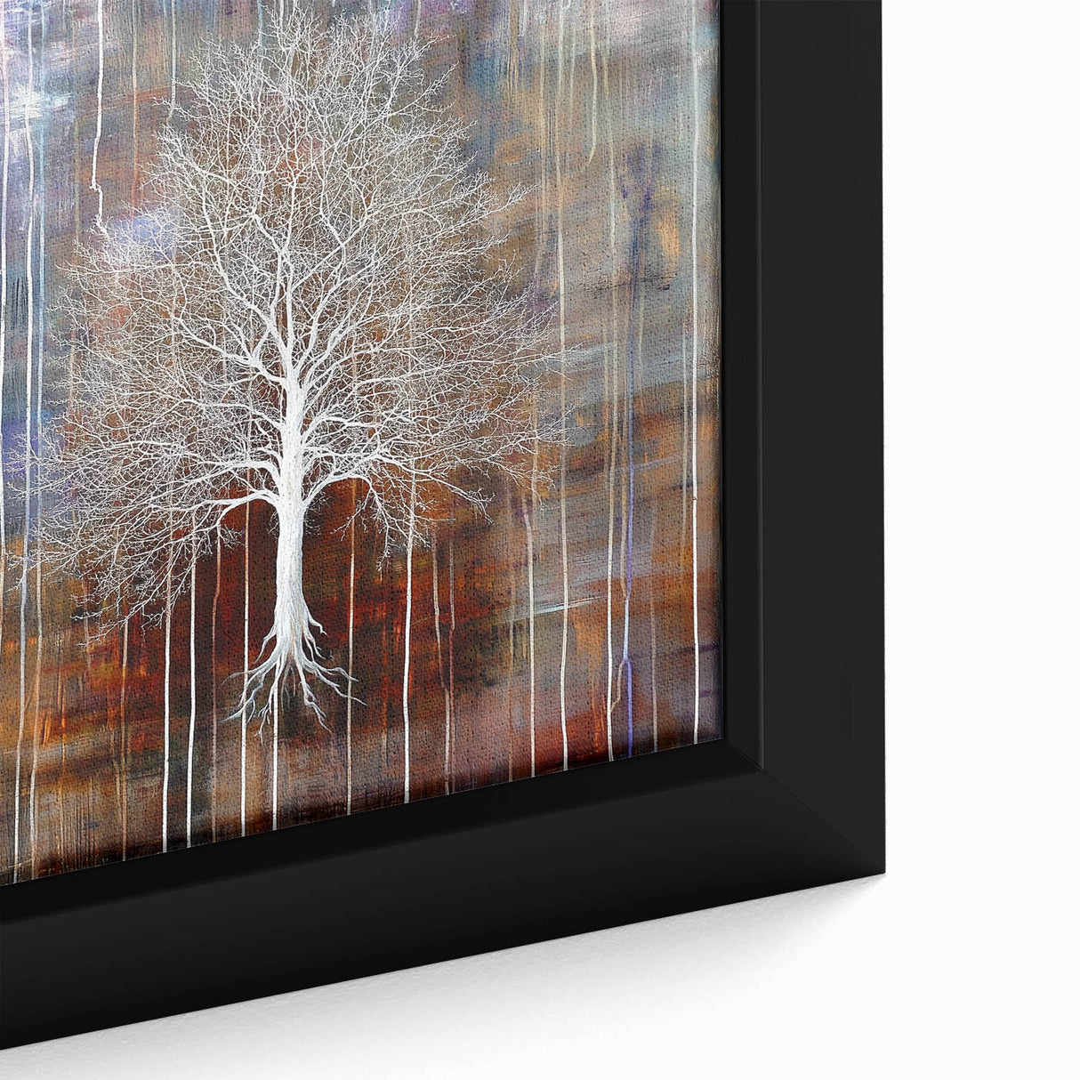 Close-up of a framed canvas showcasing vibrant abstract floral designs with rich colors of pink, blue, and gold, ideal for modern home decor.