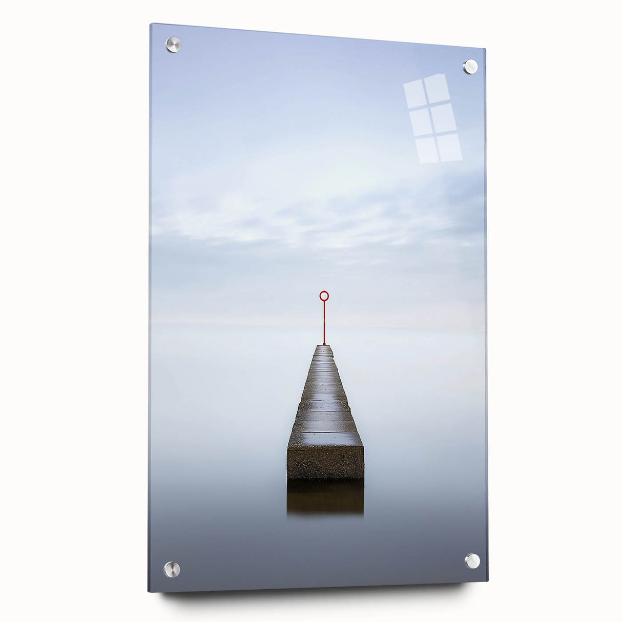 Abstract acrylic landscape artwork displayed on a glass panel, showcasing vibrant colors and intricate textures, set against a minimalist backdrop with visible mounting pins.