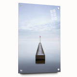 Abstract acrylic landscape artwork displayed on a glass panel, showcasing vibrant colors and intricate textures, set against a minimalist backdrop with visible mounting pins.