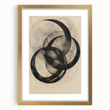 Abstract minimalist wall art framed in gold with a white mat, showcasing geometric shapes and soft colors, ideal for modern home decor.