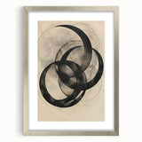 Abstract minimalist wall art framed in silver, featuring soft geometric shapes in muted tones, designed to enhance modern interiors and evoke tranquility.