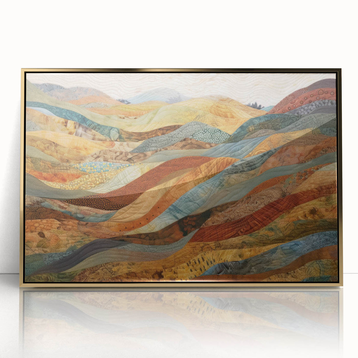 Large acrylic print of a mid-century modernist fall scene in gold and orange tones, ideal for modern art wall decor.