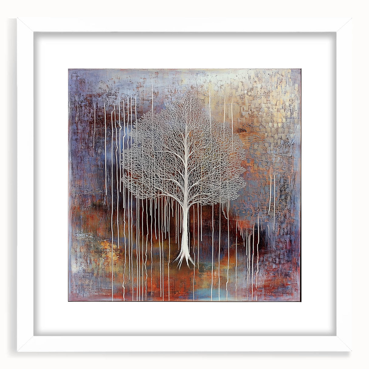 Abstract floral frame with a white mat, showcasing vibrant colors and intricate design patterns, perfect for modern home decor or art enthusiasts. The composition emphasizes elegance and style, suitable for various interior settings.
