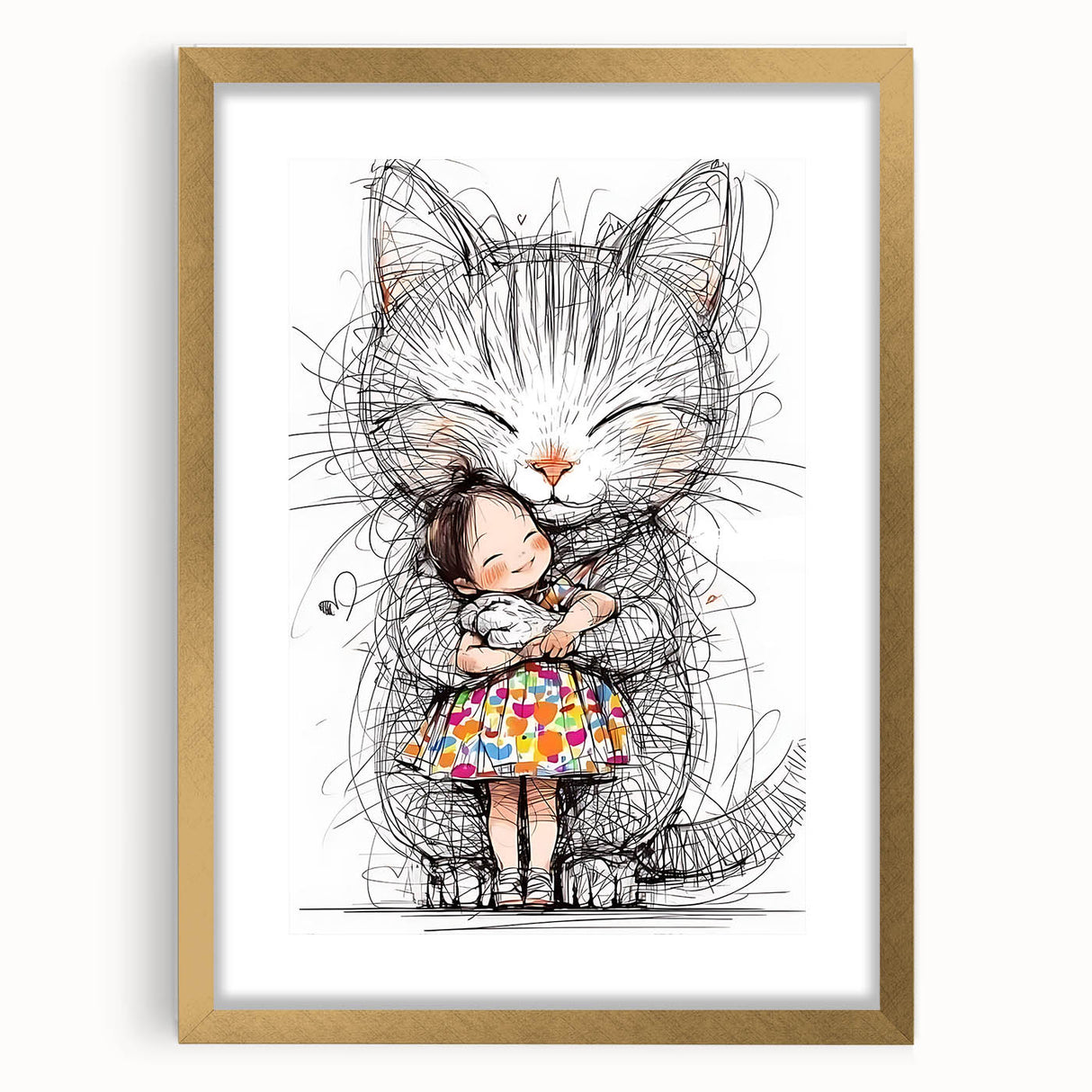 Adorable Cat & Girl Hug Girls Room Wall Art - Kids Animal Decor