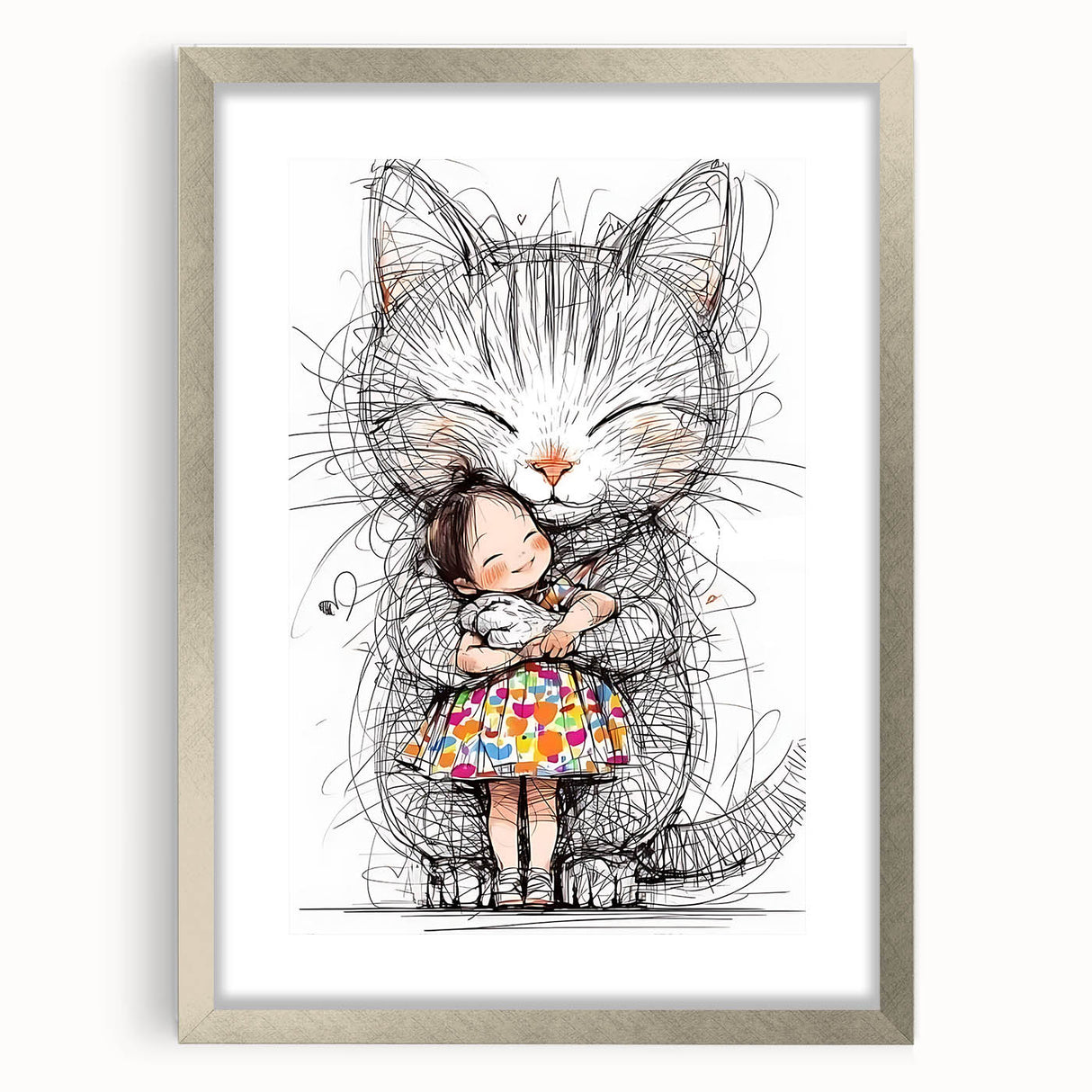 Adorable Cat & Girl Hug Girls Room Wall Art - Kids Animal Decor