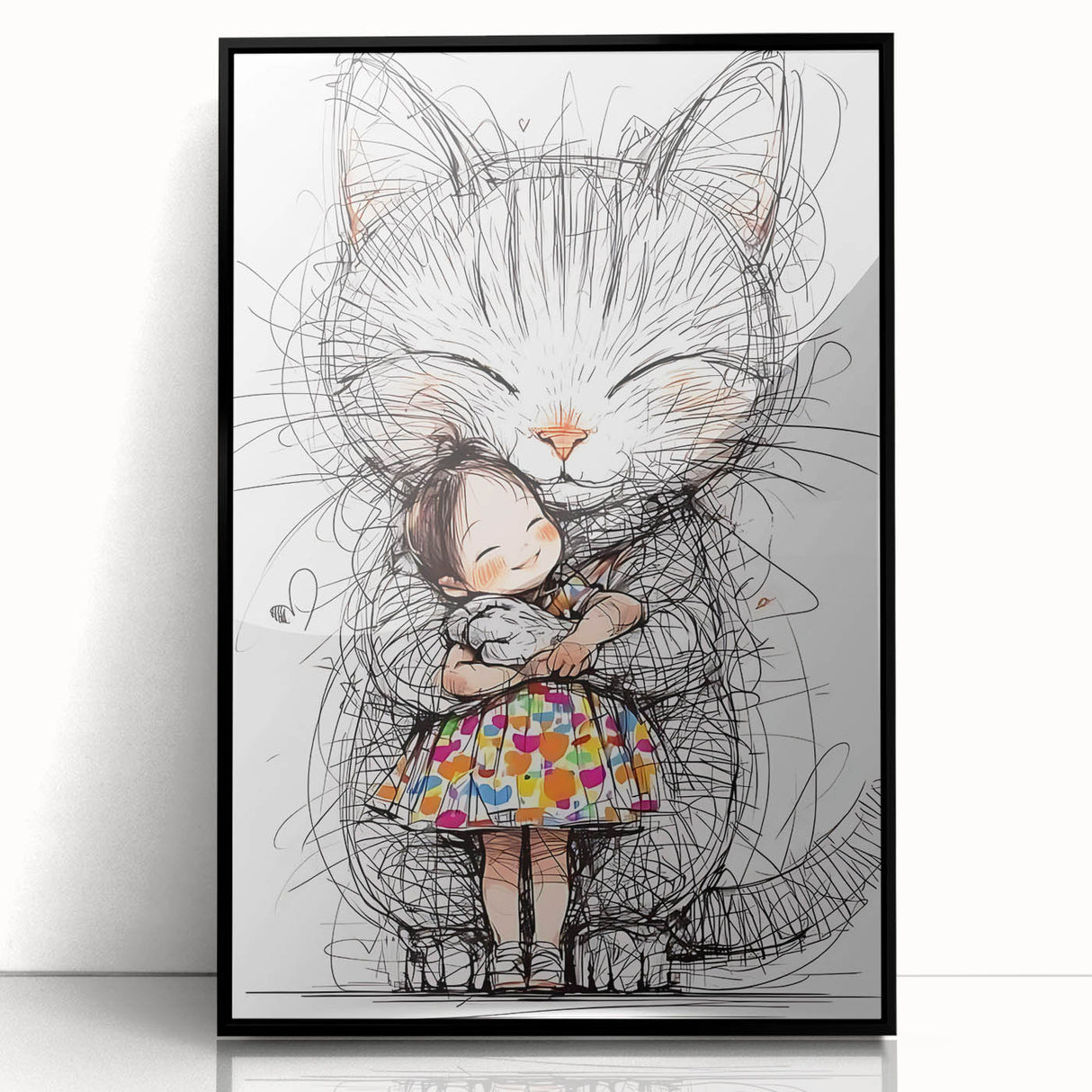 Adorable Cat & Girl Hug Girls Room Wall Art - Kids Animal Decor