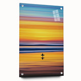 Abstract landscape artwork displayed from a side view, featuring vibrant colors and intricate patterns, mounted with pins on a sleek acrylic glass surface, ideal for modern decor.