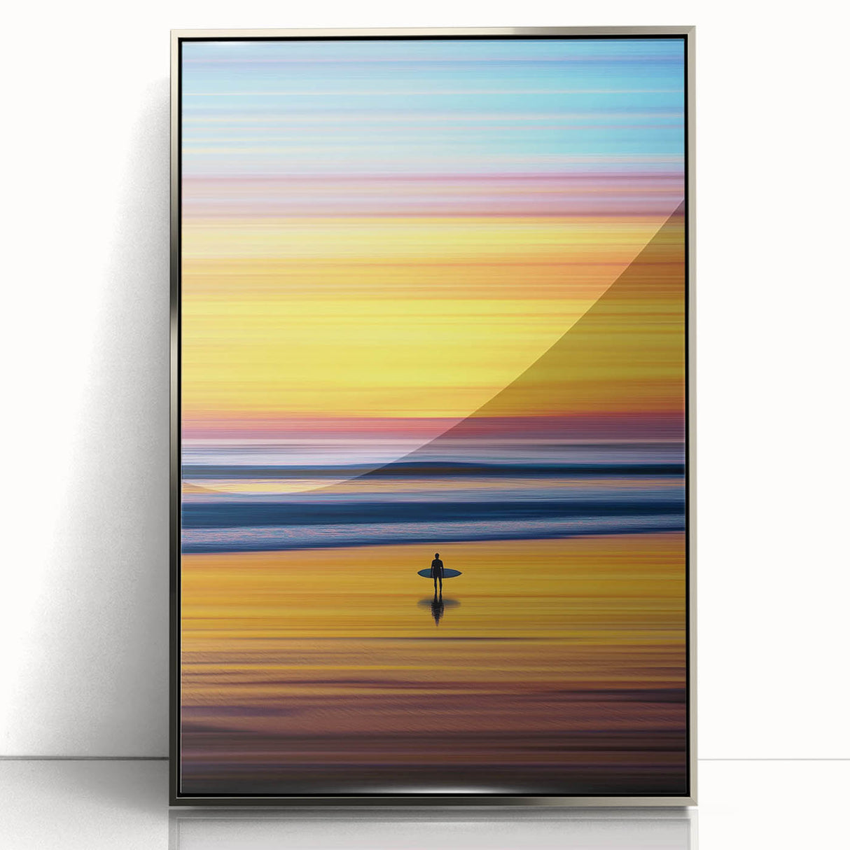 Framed acrylic artwork showcasing a stunning abstract landscape in silver tones, featuring flowing shapes and textures, ideal for modern home decor.