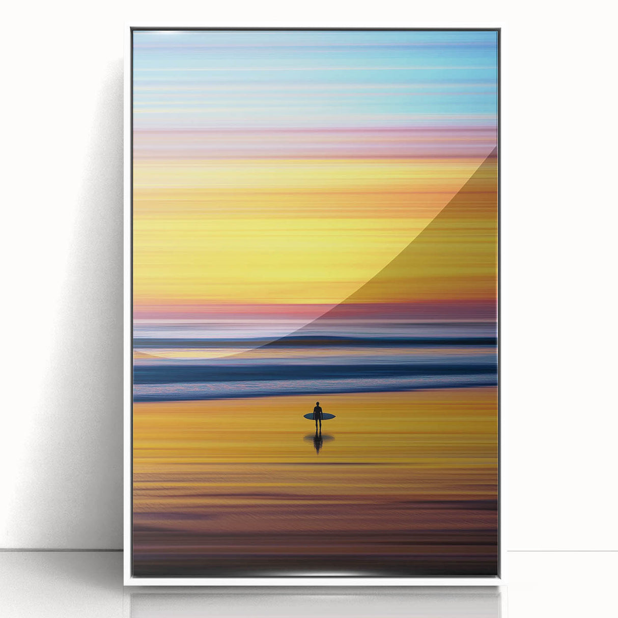 Framed acrylic artwork showcasing an abstract landscape in vibrant colors, featuring a modern design with soft curves and shapes, perfect for contemporary decor.