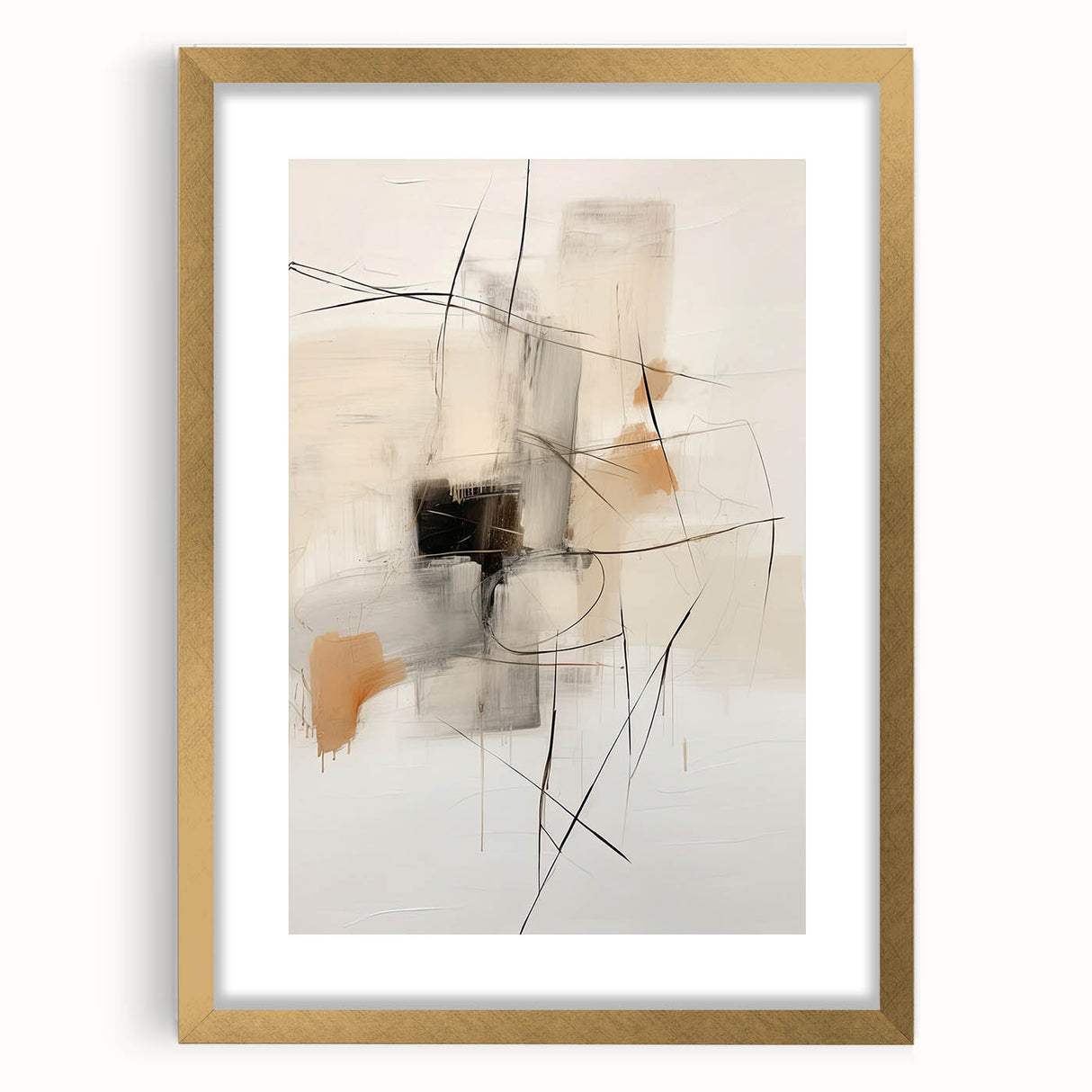 Abstract minimalist wall art framed in gold, showcasing a sleek design with a white mat. Ideal for modern decor, enhancing any room's aesthetic appeal.