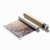 Abstract floral design rolled print showcasing vibrant colors and intricate details, elegantly packaged in a durable cardboard tube. Ideal for home decor.